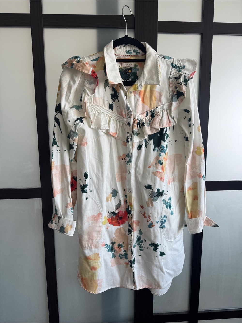 NWT White Floral Paint-Splash Denim Dress with Ruffle Yoke